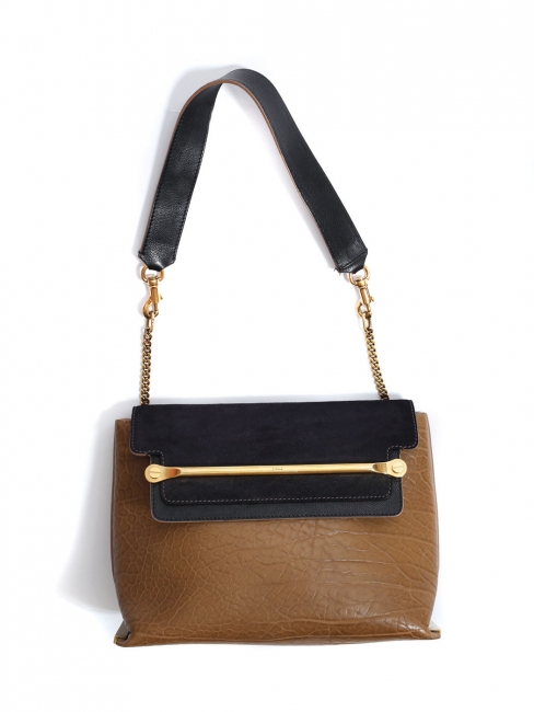 CLARE medium bag in hazelnut brown and black leather, midnight blue suede Retail price €2250.