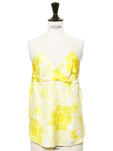 Yellow floral printed silk spaghetti strap tank top Retail price €490 Size XS