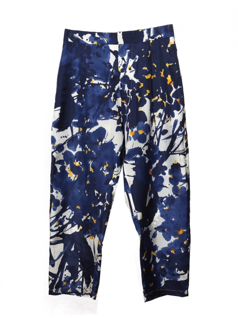 High waist navy blue yellow and white floral print silk pants Retail price €650 Size 38/40