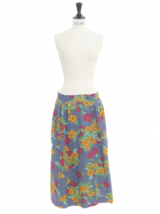 High waist flower print cotton maxi skirt in blue green fuchsia, orange yellow colors Size 34/36