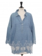 Oversized blue denim shirt with sheep eyelet embroidery Size M to L
