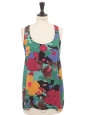 Yellow pink green blue and black floral print silk tank top Retail price €250 Size 36