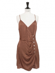 LAMIA brown satin V neck dress with thin straps and buttons Retail price €155 Size 38