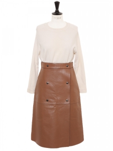 Cognac brown leather buttoned high waist midi skirt Retail price €3500 Size 38