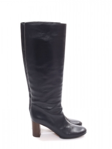 Midnight blue leather wooden high heel boots Retail price €1000 Size 40