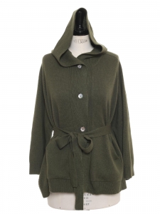 Thick khaki green cashmere belted and hooded cardigan Retail price €500 Size 36 to 38