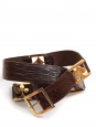 Brown crocodile leather belt embellished with gold brasse trumps