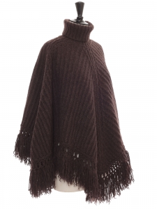Pull poncho sans manche col roulé en maille de laine marron chocolat Prix boutique 1500€
