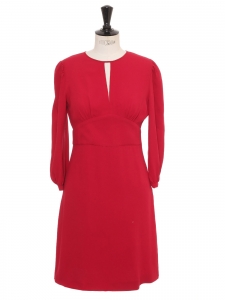 Red silk crêpe cinched long sleeves dress Retail price $1300 Size 36