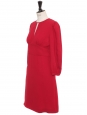 Red silk crêpe cinched long sleeves dress Retail price $1300 Size 36