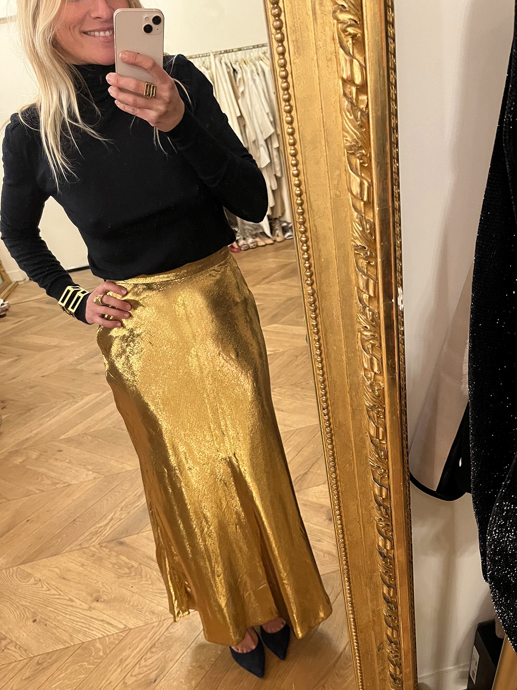 high waisted gold maxi skirt