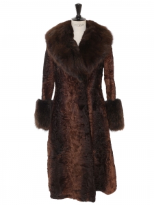 Dark brown astrakan fur maxi coat with fox fur neckline and sleeves size 36/38