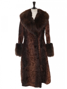 Manteau long en fourrure d'astrakan et de renard marron Taille 36/38