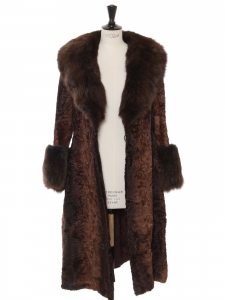 Manteau long en fourrure d'astrakan et de renard marron Taille 36/38