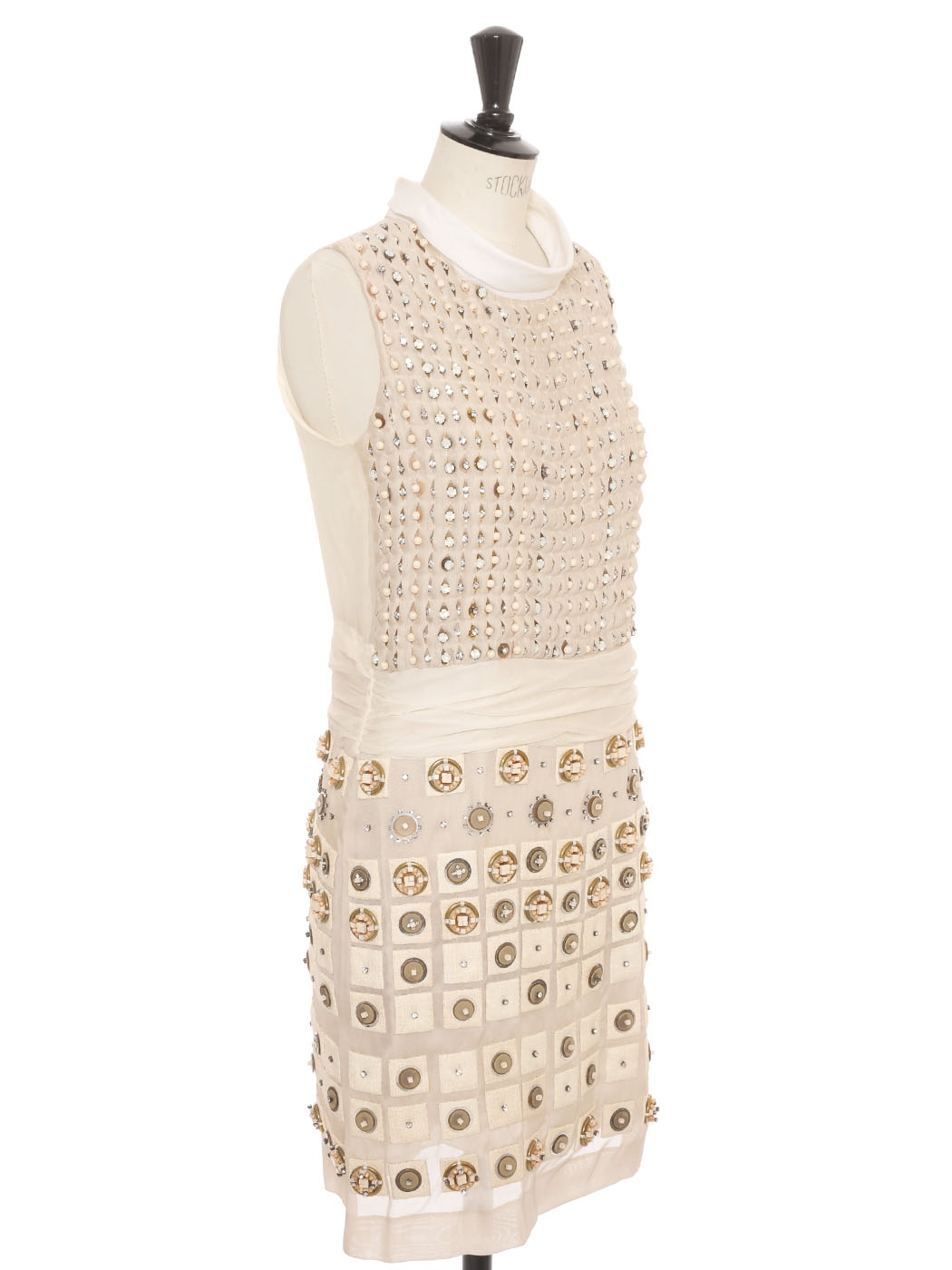 Boutique CHLOE Cream white silk dress embroidered with gold brass, beads  and Swarovski crystals Retail price €6000 Size 38