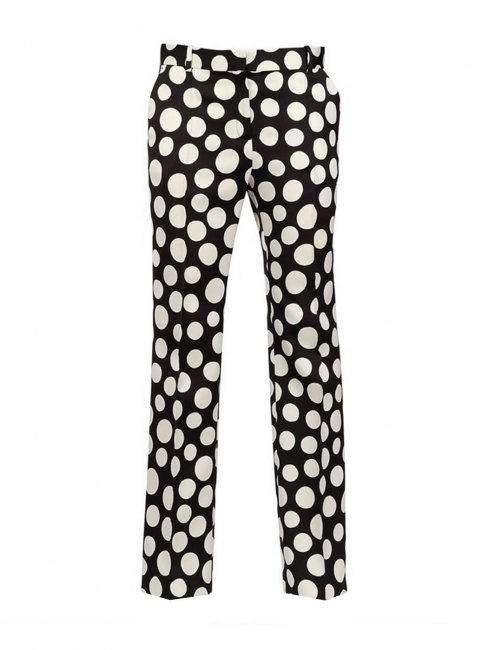 Pantalon droit à plis en satin de soie et laine blanc à pois noir Prix boutique 1200€ Taille 34
