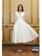 PROSPERE white satin cotton cinched and flared midi wedding dress Retail price €2600 Size 36
