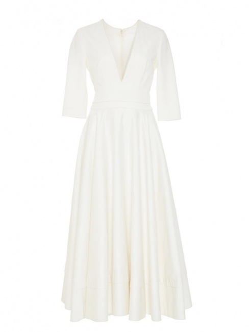 PROSPERE white satin cotton cinched and flared midi wedding dress Retail price €2600 Size 34