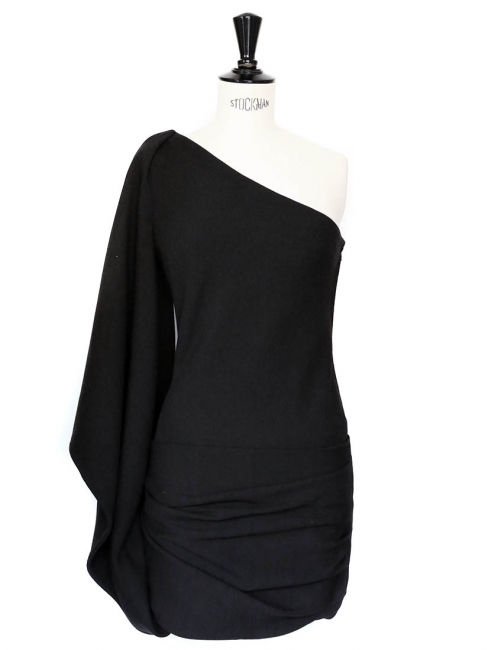 Robe de cocktail noire asymétrique drapée à l'épaule Px boutique 1600€ Taille XS