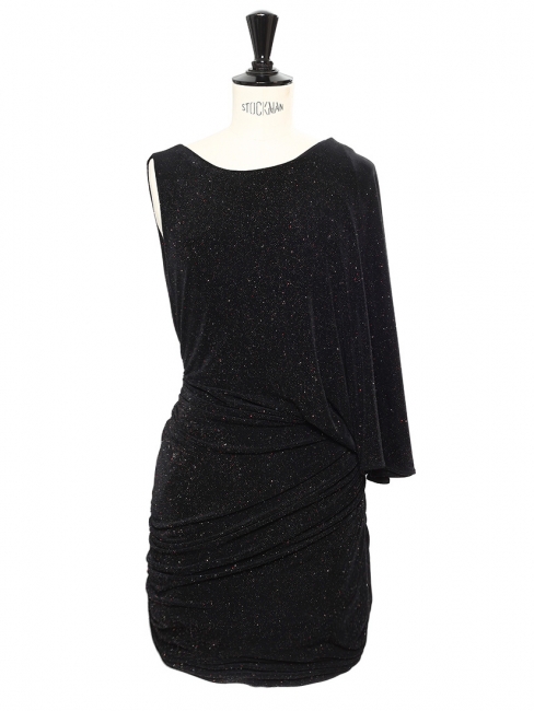 One shoulder open back draped black glitter cocktail dress Retail price €1500 Size 36 to 38
