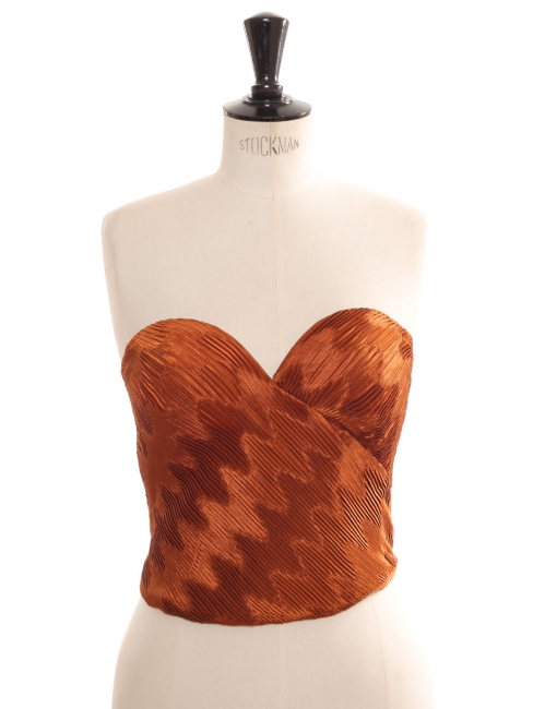 Copper metallic brown pleated silk bustier top Retail price €500 Size 38
