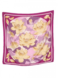 FLEUR DE LOTUS purple, pink and light yellow flower print silk twill square scarf Retail price €350 Size 90 x 90
