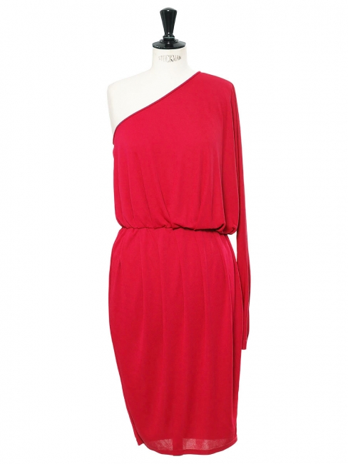Rubis red jersey one-shoulder asymmetrical cocktail dress Retail price €700 Size 36 to 40