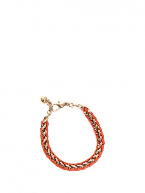 Gold plated brass thin chain bracelet braided with red leather Retail price €250