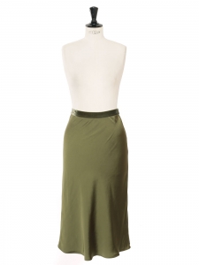 Khaki green satin high waist maxi skirt with velvet elastic belt Size XS