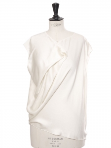 Ivory white satin sleeveless draped top Retail price €1100 Size 38