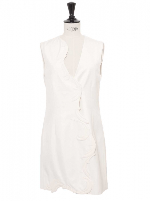White shantung short dress with asymmetric embroidery Retail price €1100 Size 34