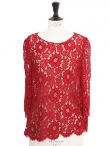 Round neck short sleeves deep red floral Lace blouse Retail 110€ Size 40