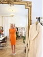 Bright orange jersey sleeveless cinched and draped dress Retail price €300 Size L