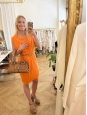 Bright orange jersey sleeveless cinched and draped dress Retail price €300 Size L
