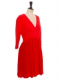 Pleated ruby red silk and wool cinched, flared, V neck dress Retail price 2880€ Size 36