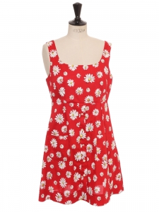 Mini robe à bretelles en coton imprimé marguerites rouge et blanc col carré Prix boutique 800€ Taille 40
