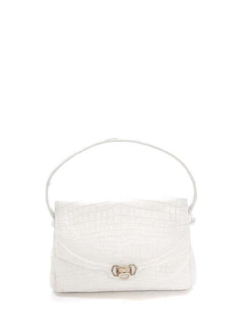White color croco style embossed leather mini shoulder bag