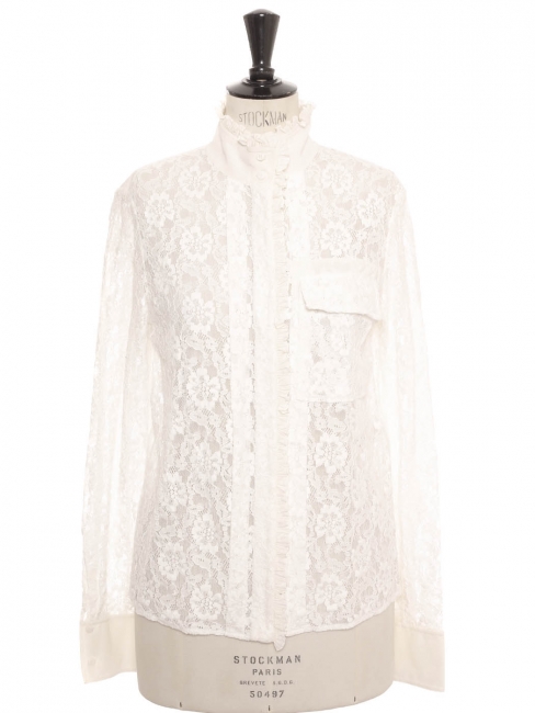 Ivory white floral lace high neck long sleeves shirt with ruffles Retail price €1700 Size 38