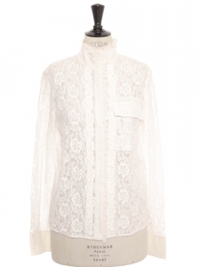 Ivory white floral lace high neck long sleeves shirt with ruffles Retail price €1700 Size 38