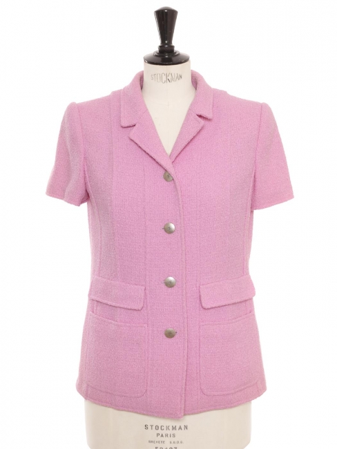 Mauve pink wool tweed suit jacket with CC engraved silver buttons Retail price €5000 Size 38