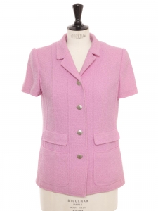 Veste de tailleur manches courtes en tweed de laine mauve rosé à boutons siglés CC argent Prix boutique 5000€ Taille 38