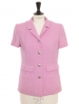 Veste de tailleur manches courtes en tweed de laine mauve rosé à boutons siglés CC argent Prix boutique 5000€ Taille 38