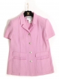 Veste de tailleur manches courtes en tweed de laine mauve rosé à boutons siglés CC argent Prix boutique 5000€ Taille 38