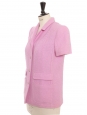 Veste de tailleur manches courtes en tweed de laine mauve rosé à boutons siglés CC argent Prix boutique 5000€ Taille 38