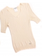 Beige cream silk ribbed knit short sleeves V neck top Size 38