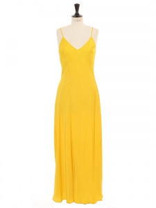 Sunflower yellow satin maxi dress with thin straps and deep V neckline size 34 to 36