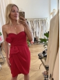 Deep red draped cinched and heart shaped neckline strapless dress Retail price around €900