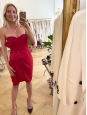 Deep red draped cinched and heart shaped neckline strapless dress Retail price around €900