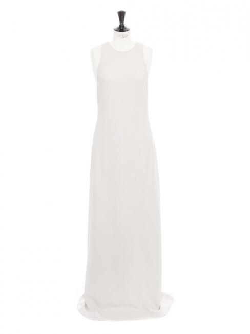Pearl grey crêpe sleeveless maxi dress with open back crossed straps Retail Price €2000 Size 42
