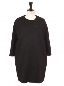 Black wool straight round neck coat with textured buttons Retail price €1950 Size 38
